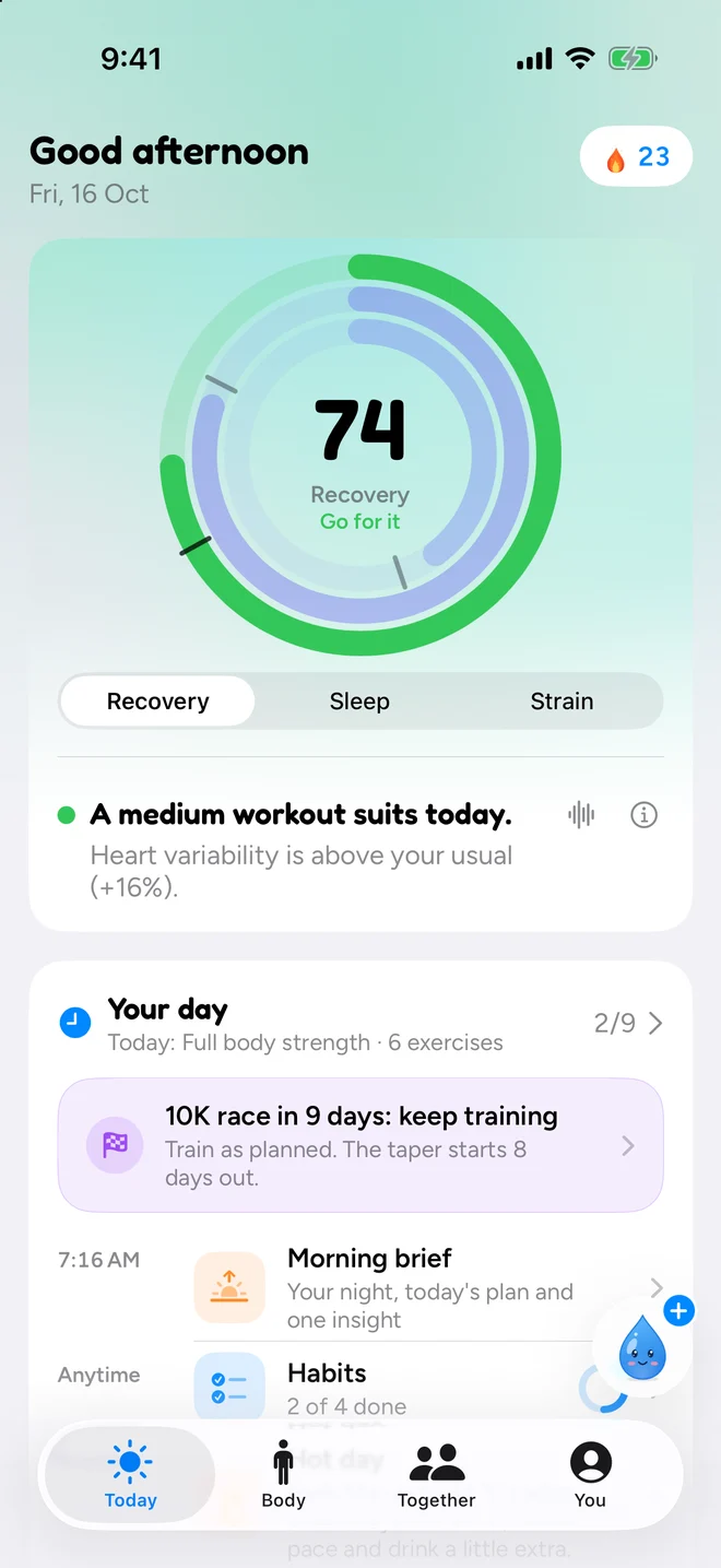 The Auralo 2.0 Today screen: three rings inside each other for recovery 74, sleep and strain, each with a tick at your usual, a picker to switch the ring in focus, and the verdict that a medium workout suits today because heart variability is above your usual.