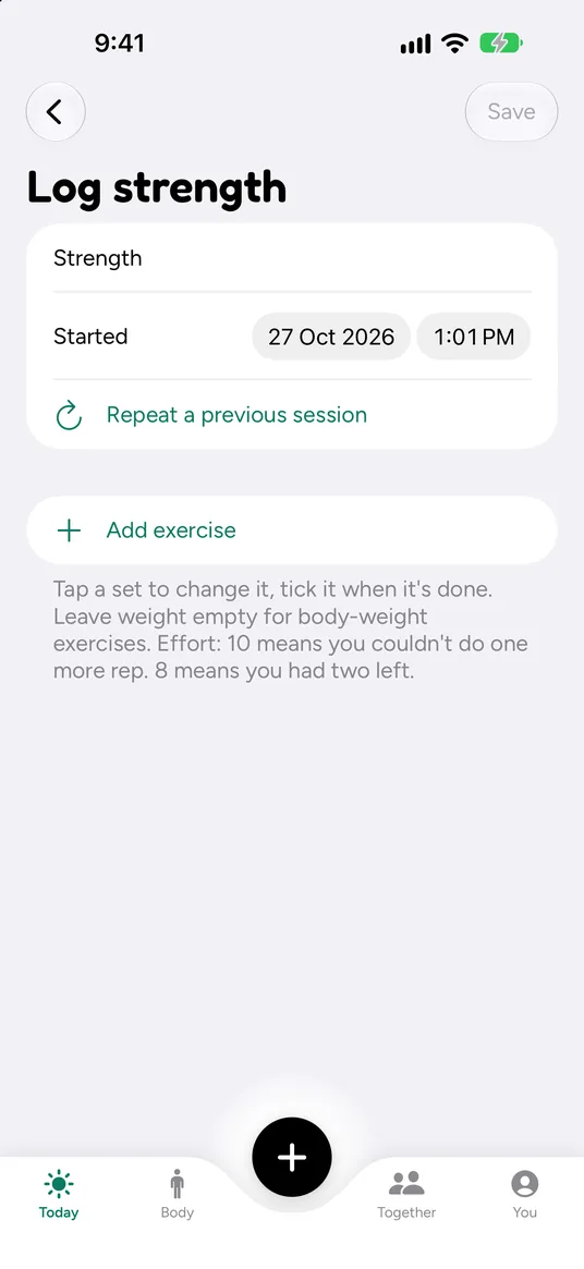 Log strength screen: start date and time, Repeat a previous session, Add exercise, and a note explaining effort: 10 means you couldn’t do one more rep, 8 means you had two left.
