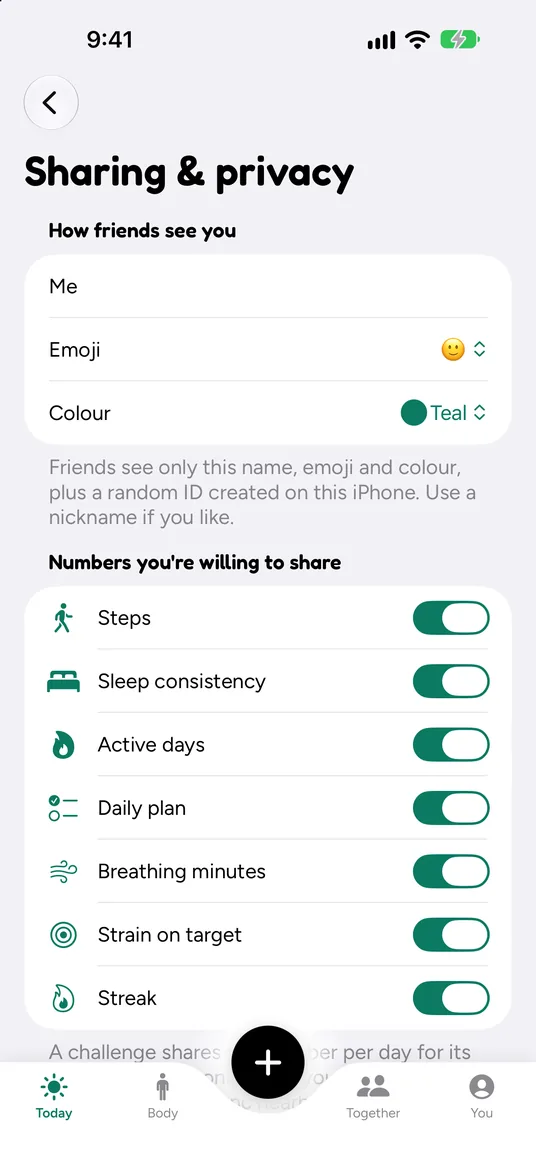Sharing and privacy screen: how friends see you, as a name, emoji and colour, and switches for the numbers you’re willing to share: steps, sleep consistency, active days, daily plan, breathing minutes, strain on target and streak.
