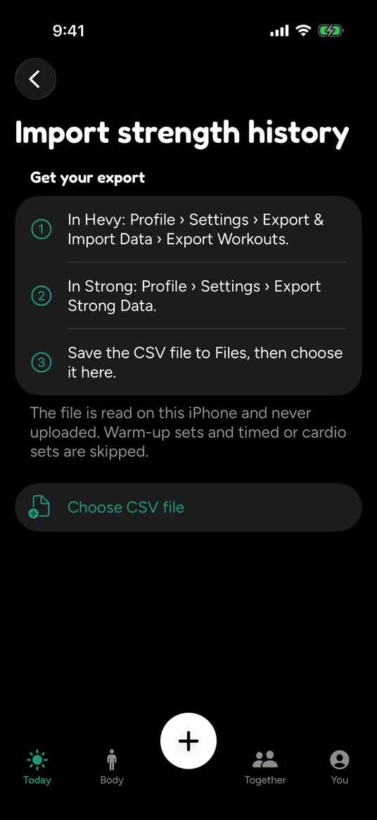 Import strength history screen with three steps for exporting from Hevy and Strong, a note that the file is read on this iPhone and never uploaded, and a Choose CSV file button.