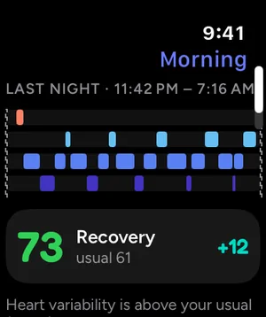Apple Watch mit dem Schlaf der letzten Nacht und Erholung 73, üblich 61.