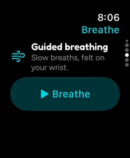Apple Watch Breathe page: Guided breathing, slow breaths, felt on your wrist, with a Breathe button.